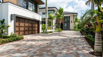 Naklejka premium White and Brown Garage Door in a Modern Miami Home with Brick Driveway, Landscaping, and Palm Trees