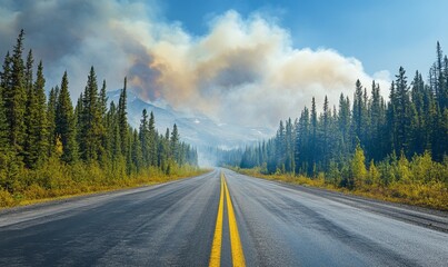 Naklejka premium Environmental Contrast: Serene Blue Sky and Lush Green Forest Juxtaposed with Ominous Wildfire Smoke on Road. Nature's Beauty Meets Climate Crisis in Striking Visual Metaphor for Environmental Awarene