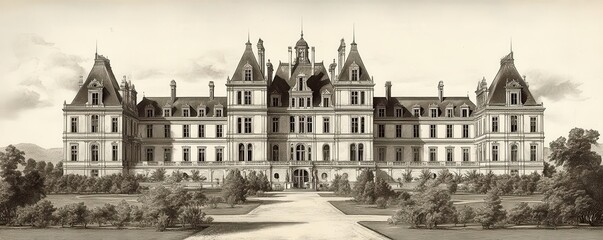 An antique engraving of a grand palace or manor house with detailed gardens, old engraving, palace, architecture