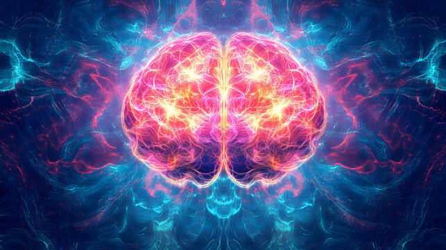A fractal-inspired digital illustration of a human brain with glowing plexus lines, arranged in a matrix-like pattern that repeats endlessly
