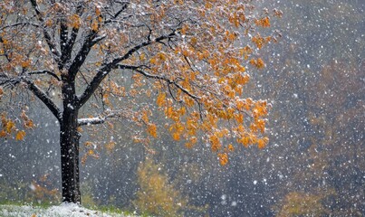 Serene Winter Wonderland: Anime-Style Snowy Tree in Gentle Rain. Magical Christmas Scene Blending Snow and Rain, Creating Peaceful Atmosphere for Holiday Marketing and Minimalist Graphic Design Templa