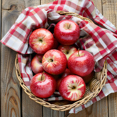 Apples in a wicker basket high angle view on wooden
