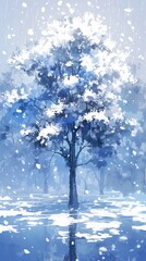 Obraz premium Serene Winter Wonderland: Anime-Style Snowy Tree in Gentle Rain. Magical Christmas Scene Blending Snow and Rain, Creating Peaceful Atmosphere for Holiday Marketing and Minimalist Graphic Design Templa