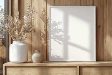 Poster Frame Mockup on Wooden Interior Background created with Generative AI