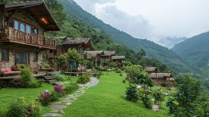 Stone Cottages with Mountain Views and Lush Greenery