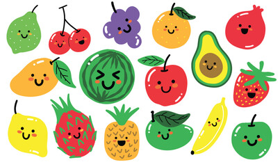 Kawaii Cute Fruit Cartoon Collection | Adorable Hand-Drawn Fruit Illustrations Featuring Happy Avocado, Pineapple, Watermelon, Cherry, and More for Kids and Fun Designs