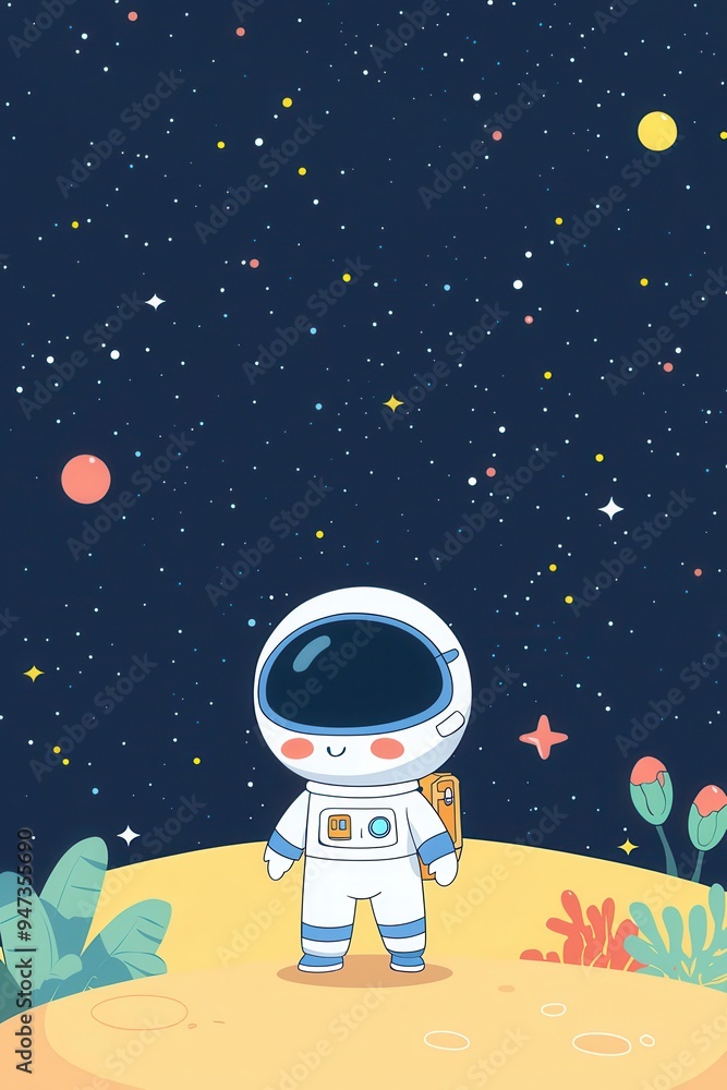 Poster cute astronaut standing on a planet with stars in the background