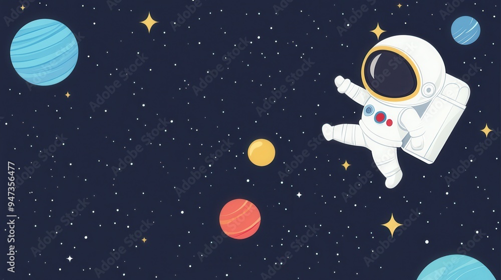 Poster astronaut floating in space with planets and stars