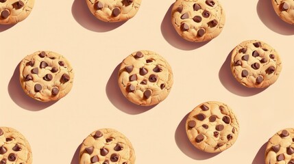 A delightful arrangement of chocolate chip cookies is set against a light brown background, evoking a cozy and inviting mood perfect for any occasion