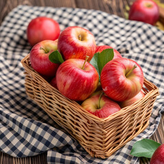 Apples in a wicker basket high angle view on wooden