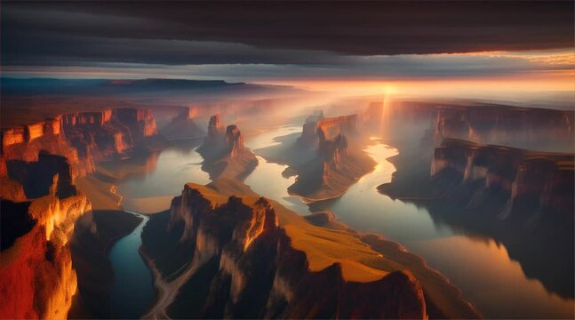 3D rendering of sunrise over mountains and river landscape with warm sunlight. Beautiful landscape vector illustration of mountain lake with dense forest, meadow banks tall trees and snow.