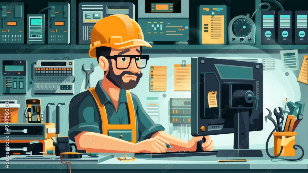 Poster cartoon vector technician fixing a computer with tools on a desk