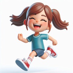 Happy smile laughing jumping playing running cartoon character girl kid child teen person in 3d style design on white background. Human people feelings expression concept
