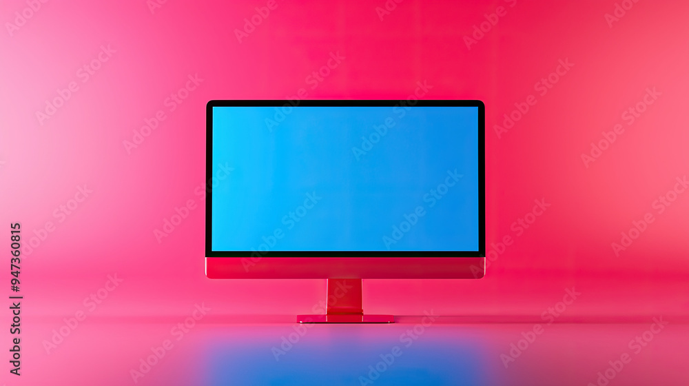 Wall mural a modern computer monitor displays a vibrant blue screen against a striking pink backdrop, ideal for