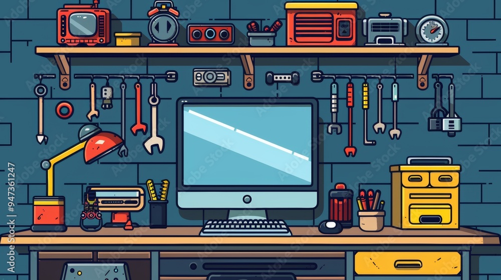 Poster cartoon vector technician fixing a computer with tools on a desk