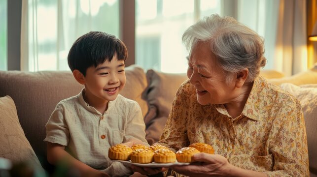 A heartwarming moment between a grandmother and her grandson sharing delicious pastries at home.