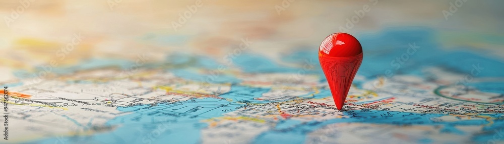 Poster a red location pin marking a spot on a colorful map, symbolizing navigation and travel planning.