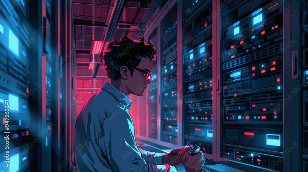 Poster cartoon vector it specialist solving network issues in a server room