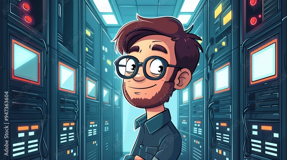 Poster cartoon vector it specialist solving network issues in a server room