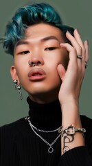 Obraz premium Confident and Fashionable Asian Youth with Vibrant Hair and Bold Accessories
