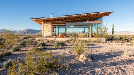 Modern Desert Cabin with Glass Walls and Solar Panels