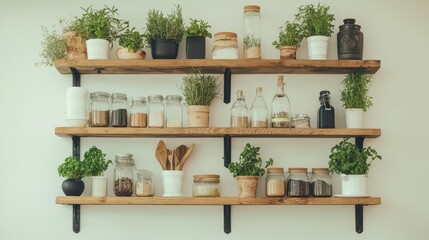 Rustic Kitchen Shelf with Herbs and Jars