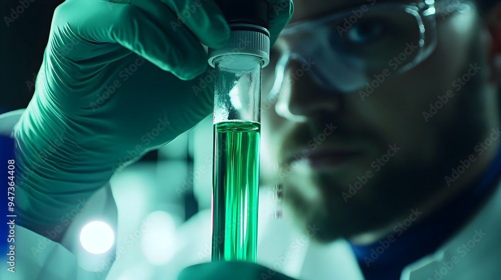 Poster scientist examining liquid in laboratory using microscope for research and analysis