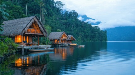 Fototapeta premium Tropical Lake Houses with Mountain Views