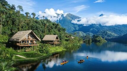 Fototapeta premium Tropical Lakefront Cabins with Mountain Views and Kayaking