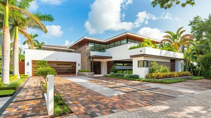 Modern Miami Home: Brick Driveway, Landscaping, Palm Trees, and a White and Brown Garage Door