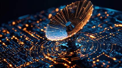 Satellite Dish on Circuit Board with Glowing Lines