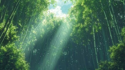 Naklejka premium Sunbeams Through Lush Green Bamboo Forest
