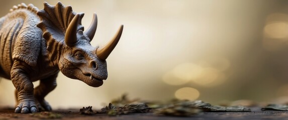 Obraz premium A Triceratops Dinosaur Toy Figurine In a Natural Setting