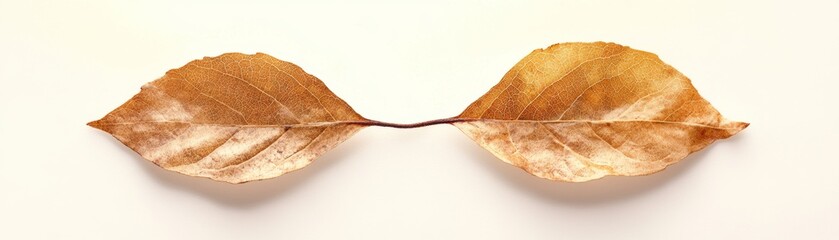 A pair of dry, autumn leaves showcasing vibrant brown colors against a neutral background, perfect for nature-themed designs.