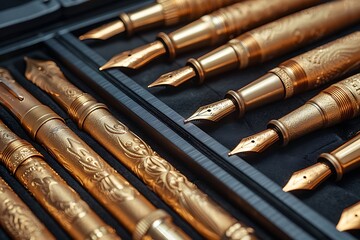 Obraz premium a close up of a box of gold fountain pens