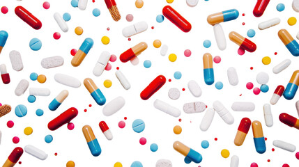 Medicine pills tablets drugs falling isolated on white background