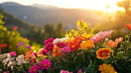 Obraz premium Colorful Flowers in a Field at Sunset