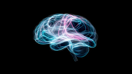 A minimalist digital illustration of a human brain with glowing plexus lines, presented as a simple outline on a black background. The brain is rendered in thin, white lines