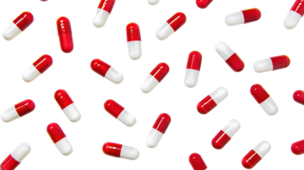 Medicine pills tablets drugs falling isolated on white background