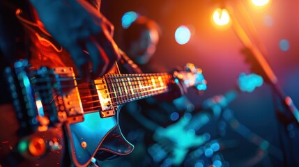 Fototapeta premium Closeup of a Guitarist's Hand Playing on Stage