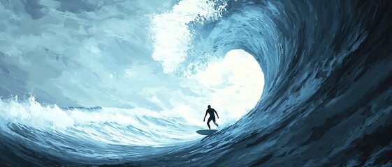 A lone surfer rides a massive wave, capturing the thrill of the ocean and the beauty of nature's powerful forces.