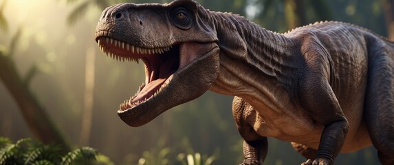 A Tyrannosaurus Rex Dinosaur Roaring in a Jungle Setting