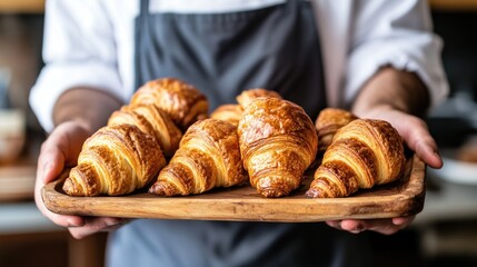 Freshly Baked Croissants on a Wooden Tray