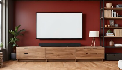 A large flat screen TV mounted on a red wall above a wooden TV stand with drawers.