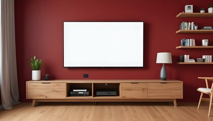 A large flat screen TV mounted on a red wall above a wooden TV stand with drawers.