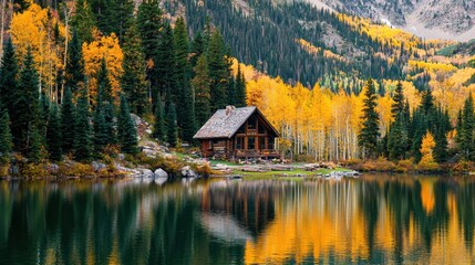 Fototapeta premium Autumn Cabin by the Lake with Mountain Reflections