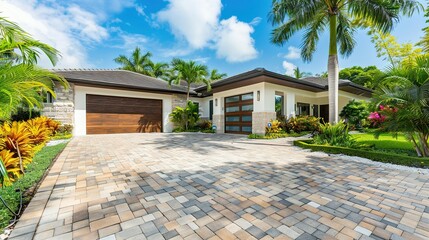 Modern Home in Miami: Brick Driveway with Landscaping and Palm Trees, Featuring a White and Brown Garage Door