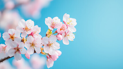 Fototapeta premium Delicate cherry blossom flowers against a serene blue background, symbolizing spring and renewal in nature.