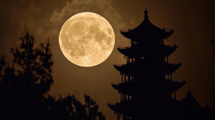 A serene night scene featuring a full moon illuminating a traditional pagoda silhouette against a dark sky.