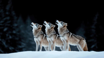 Naklejka premium Three wolves howl together beneath a starry sky, embodying the spirit of the wild in a serene winter landscape.